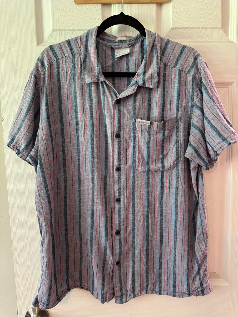 Columbia Blue and Pink Striped Short-Sleeve Button-Down Shirt